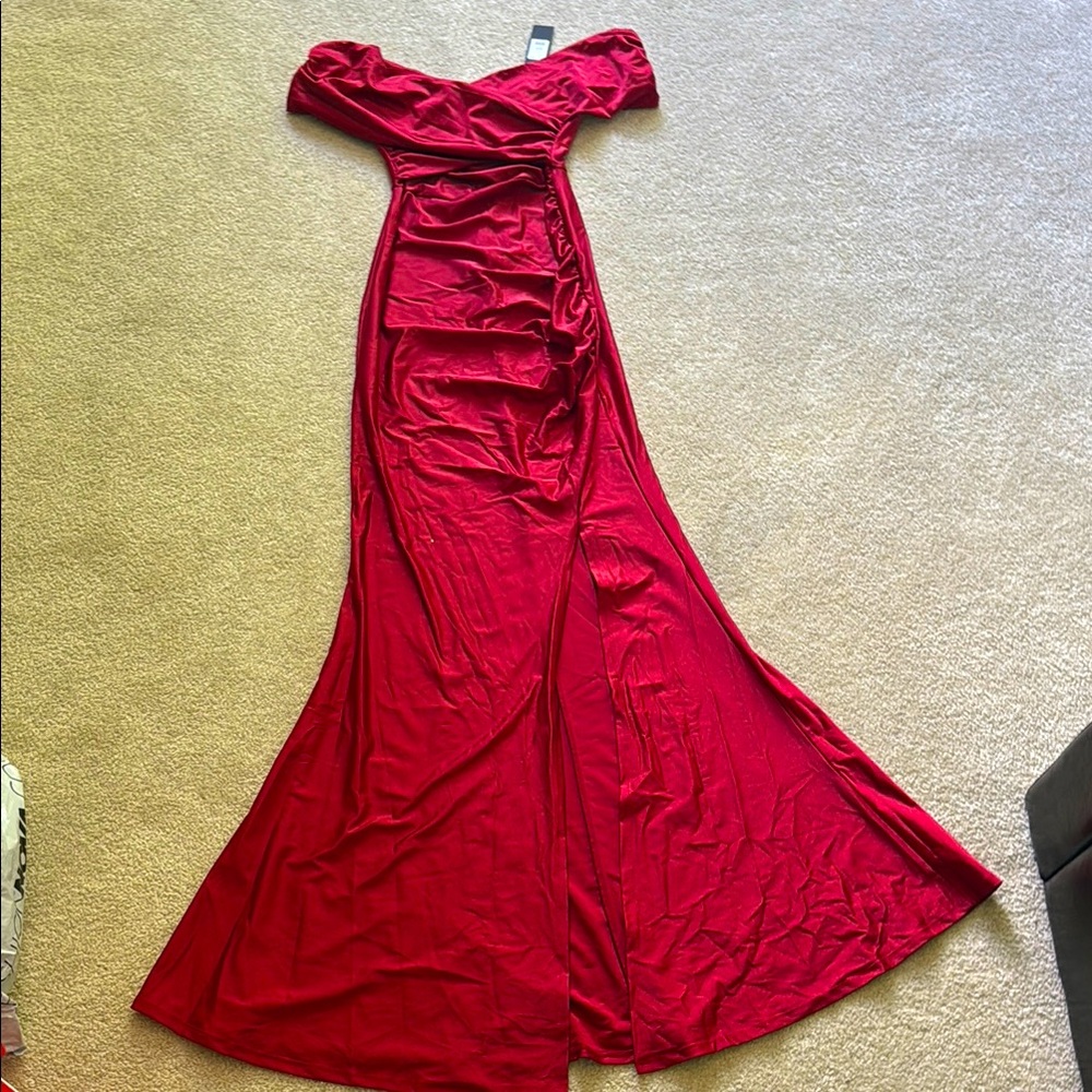 Fashion Nova Red Asymmetrical Ruched Maxi Dress Off the Shoulder